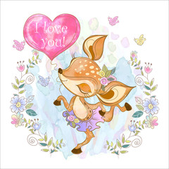 Cute fawn with a heart-shaped balloon. Vector. © Olga