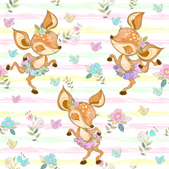 Seamless pattern with cute dancing fawns. Ballerinas. Vector. © Olga