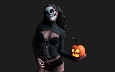 Halloween pumpkin or Jack-o'-lantern and scary ghost woman with clipping path.
