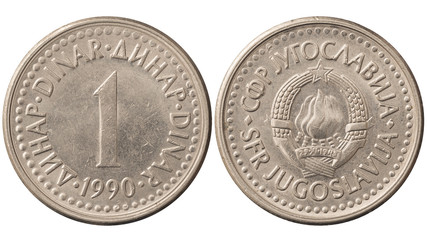 Used Yugoslavia 1 dinar, 1990. Vintage steel coin isolated on white.