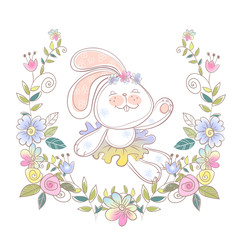 Obraz na płótnie Canvas Cheerful Bunny ballerina in a wreath of flowers . Vector