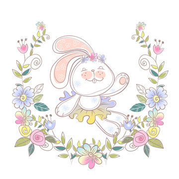 Cheerful Bunny ballerina in a wreath of flowers . Vector