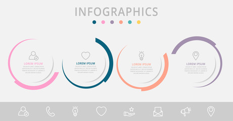 Vector infographic flat template circles for four paper label, diagram, graph, presentation. Business concept with 4 options. Blank space for content, step for step, timeline, workflow, marketing