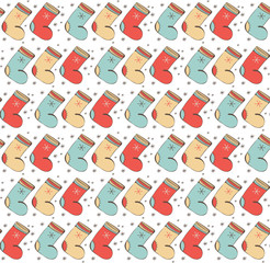 Cute New year and Christmas seamless vector patterns. Fun and colorful boots. Gift wrapping paper, packaging, for any surface. Background on winter and Christmas. Vintage style.