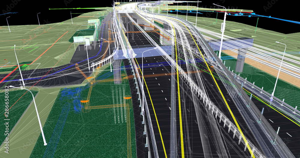 Wall mural the bim model of the object of transport infrastructure of wireframe view