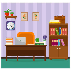 Cozy office with a Desk, laptop, bookcases and books. Vector illustration on the theme of the workplace interior.