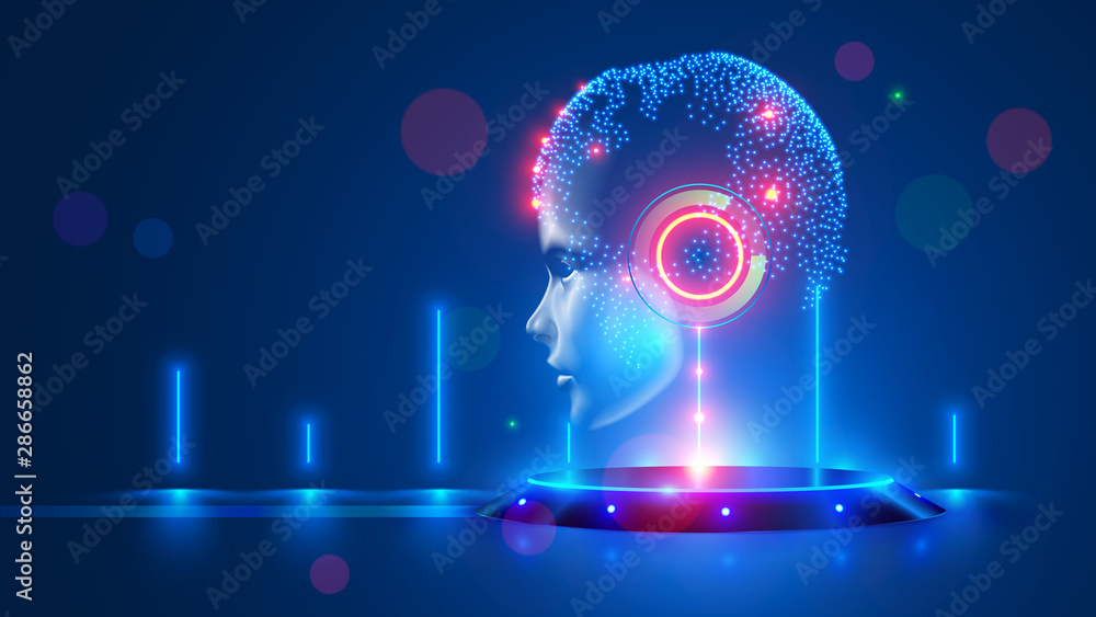 Poster Artificial intelligence with virtual hanging head on podium. Global world cybernetic mind controls humanity. Digital Brain with AI in the spotlight. Super computer. science futuristic concept.