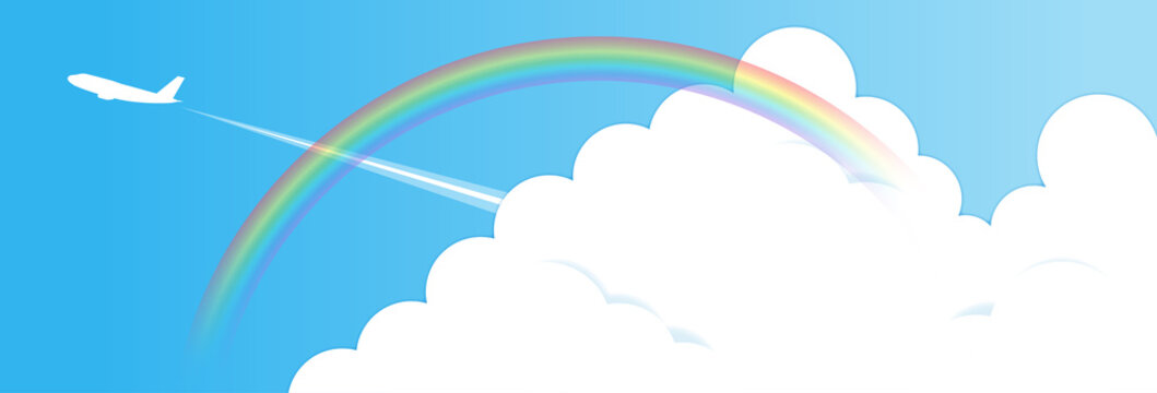 夏の青空と入道雲と虹と飛行機