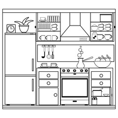 Coloring on the theme of the kitchen interior. Vector illustration coloring book for adults and children.