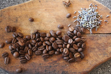 coffee beans on wood background
