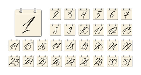 Black hand written calligraphy numbers on white background. Vector numerals 1-31 on calendar design