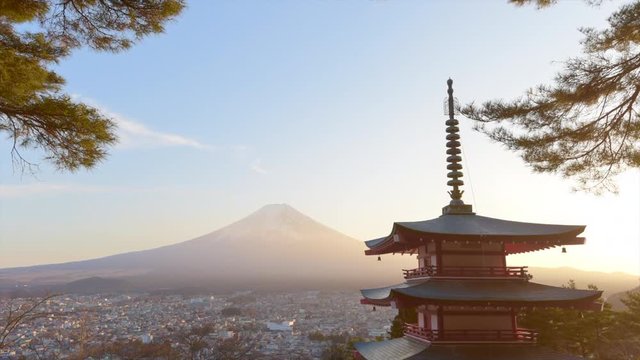 Time-lapse of Chureito pagoda with Fuji mount in Background in sunset 