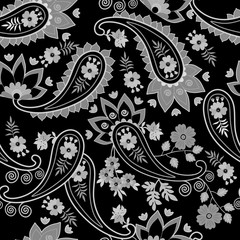 Seamless ethnic pattern with paisley and flowers in black and grey colors. Print for fabric.