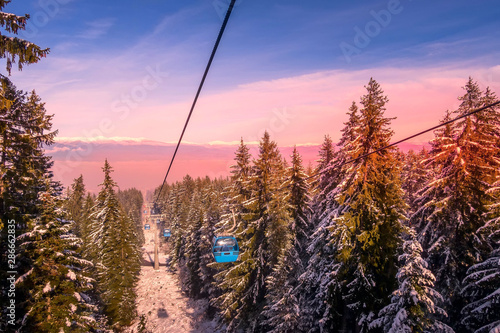 Bansko Bulgaria Winter Ski Resort Pink Sunset View Lift Cabins
