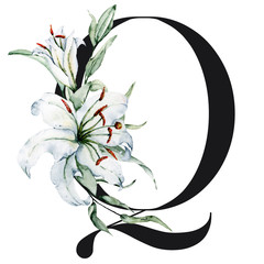 Floral alphabet, letter O with watercolor flowers lilies and leaves. Monogram initials perfectly for wedding invitation, birthday, greeting card, logo and other. Holiday design hand painting. 