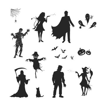 Black silhouettes of halloween characters. Isolated image of vampire, witch, mummy and ghost. Elements for october holiday design. Gothic monster