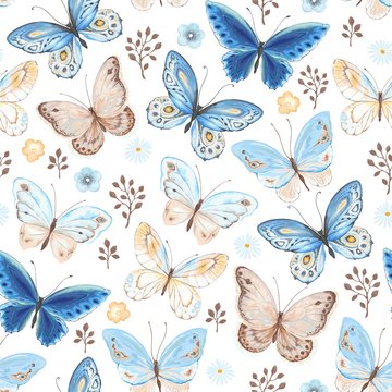 Seamless pattern of flying butterflies blue, yellow and brown colors. Vector illustration in vintage style on white background.