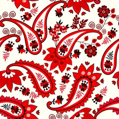 Bright seamless pattern in ethnic style with red paysley and flowers on very light yellow background. Russian, indian, turkish motifs.