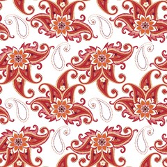 Seamless ethnic pattern with floral paisley ornament on white background. Print for fabric. Indian, russian, turkish, damask motifs.