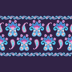 Horizontal seamless ornamental border with paisley and flowers on dark blue background.