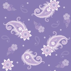 Seamless christmas pattern on light lilac background. Paisley-shaped snow whirls and mandala-shaped snowflakes.