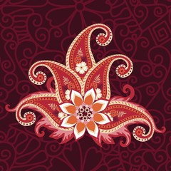 Beautiful bright emblem of paisley and mandala on a dark seamless lace background.