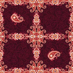 Seamless ornamental pattern with ornate frame and red paisley on dark lace background. Tapestry, print for fabric. Ethnic style. Indian, damask, turkish motifs.