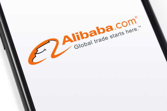 Alibaba logo on the screen smartphone. Alibaba the the world biggest online commerce company. Its three main sites Taobao,Tmall and Alibaba. Moscow, Russia - February 28, 2019