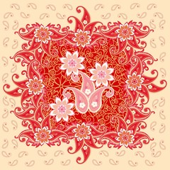 Decorative pattern in russian style. Mandala flowers, paisley and lace ornament in red, pink and golden tones.
