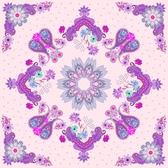 Unique gentle pattern in ethnic style. Luxury paisley ornament, mandalas and garden flowers on light peach background. Silk scarf, tablecloth, doily.
