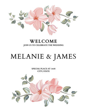 Hand-drawn card with flower rose, leaves. Wedding ornament concept. Floral poster, invite. Vector decorative greeting card or invitation design background with wreath