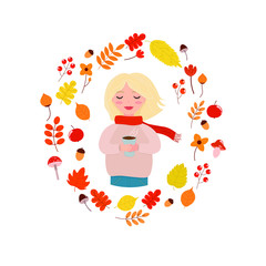 Vector graphics. Beautiful, colorful set with girl and leaves. Autumn hand drawn elements collection. Cute vector illustration in cartoon style. Isolated illustration. 