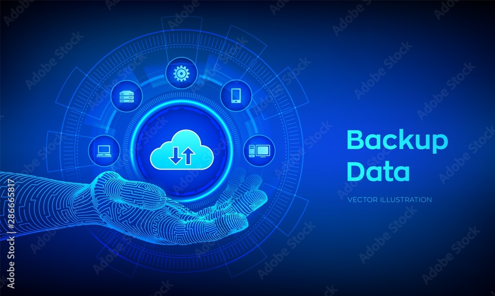 Aufkleber backup icon in robotic hand. business storage data online cloud backup. internet technology business