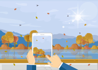 Man with smartphone taking picture of autumn landscape Vector. Fall season landscape flat styles