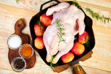 Whole raw chicken in skillet  or iron pan with rosemary leaf, thyme, lemon, red apples . Ready to cook. Cooking background. Copy space