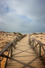 Wooden walkway to the sea between the dunes
