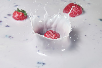 strawberry falling into yogurt in super slow motion with splash