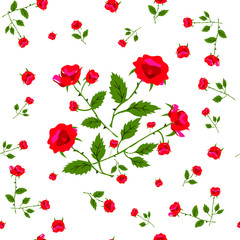 Seamless pattern of roses on their stems with green leaves print, fabrics