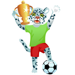 Fototapeta na wymiar A snow leopard in uniform standing on the ball and cheering with goblet 