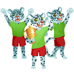 Obraz na płótnie Canvas Group of three snow leopards in uniform cheering on the soccer field with goblet