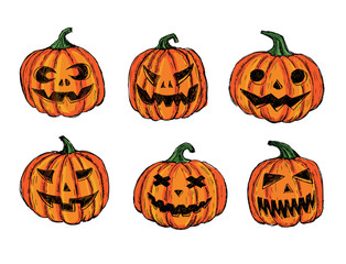 Halloween pumpkin set. Hand drawn illustration.