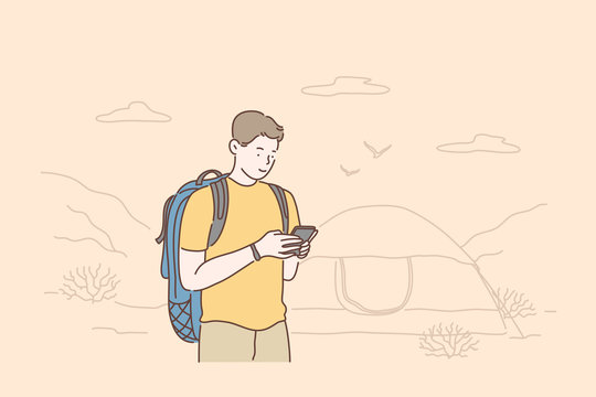 Travel, tourism or weekend concept. Traveler using smartphone, watches videos, writes for a blog or communicates with friends on a mobile phone. Vector flat design.