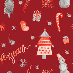 New year concept with snowman, tree, snow - hand drawn watercolor seamless pattern on burgundy red