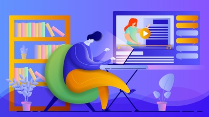Online education design concept. Flat vector illustration of a man studying remotely.