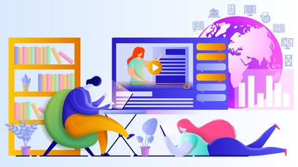 Flat vector illustration of people studying remotely at home. Online education design concept.
