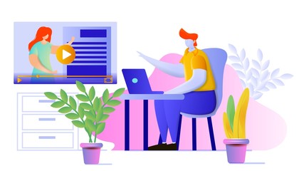 Flat vector illustration showing a man taking part in webinar. Online education design concept. Distance learning.