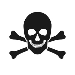 Black icon of human skull with crossbones in flat style over white background. Vector illustration