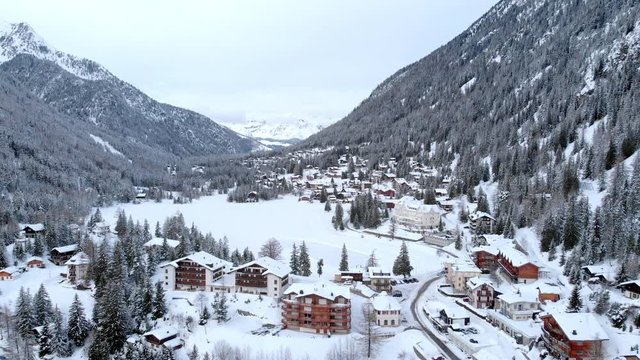 4K Ski resort in Switzerland - winter cloudy day. Champex-Lac in winter - swiss Alps