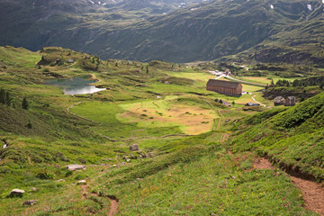 Panoramic view at sunset of the Simplon Pass.