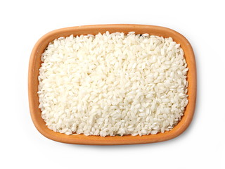 Glazed rice pile in clay bowl, plate isolated on white background, top view